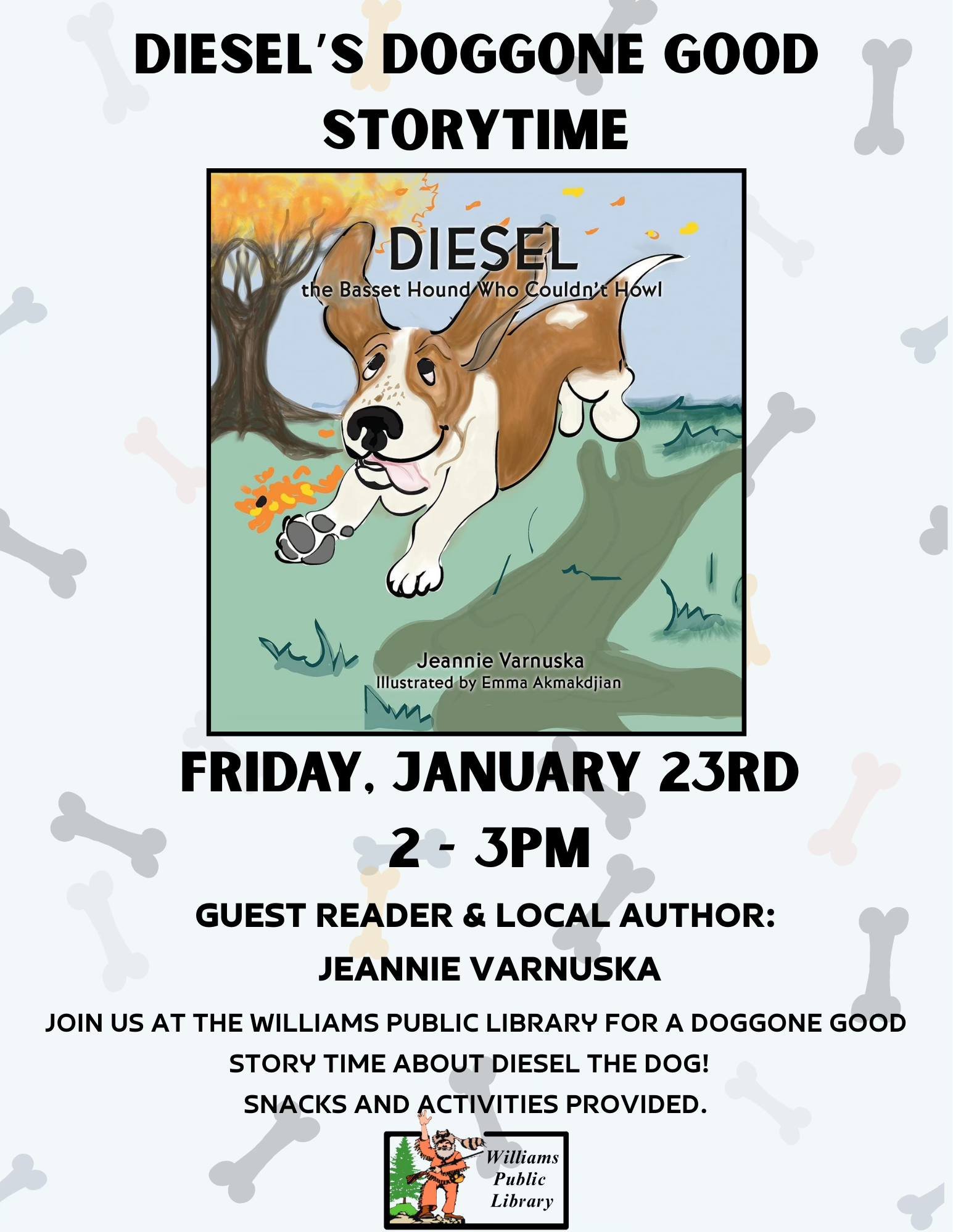 Illustrated flyer for “Diesel’s Doggone Good Storytime” featuring a basset hound running through autumn grass, with event details about a children’s storytime at Williams Public Library.